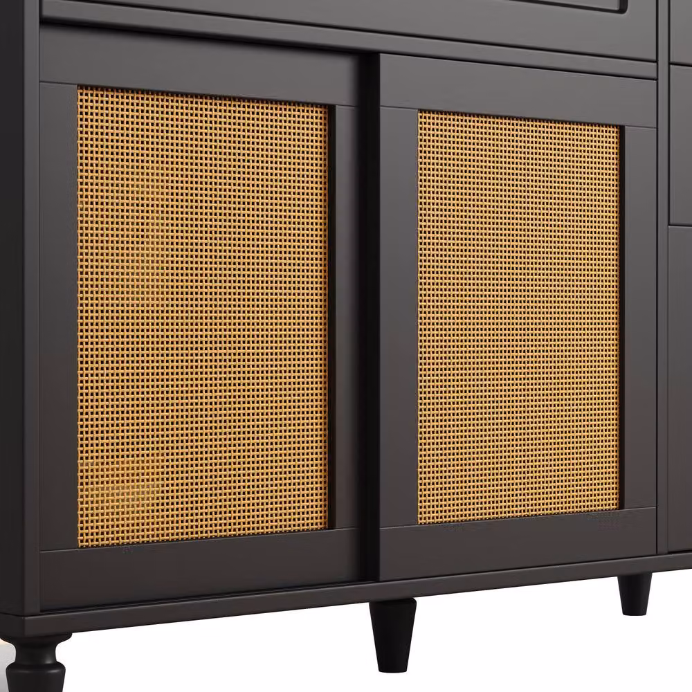 Rolipo Black Tall Kitchen Display Cabinet with LED Lighting, Glass Doors and 3 Drawers – 3