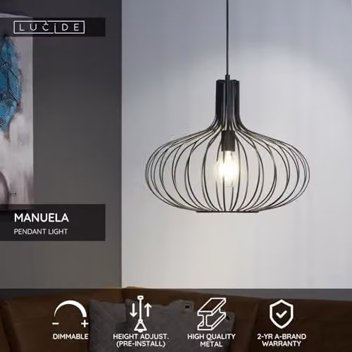 Lucide Manuela Dimmable Adjustable Vintage Pendant Light, Black, Diameter: 50 cm – 2