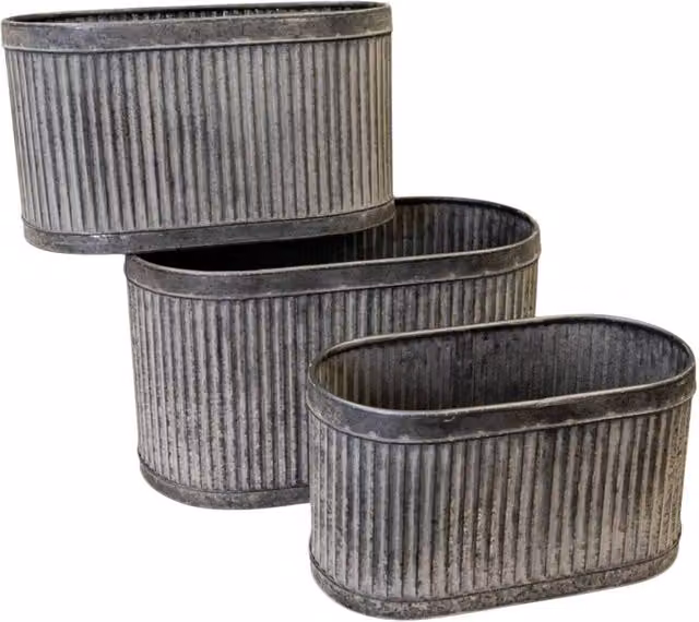 Four Candle Set of 3 Grey Galvanised Steel Ribbed Oval Planters – 1