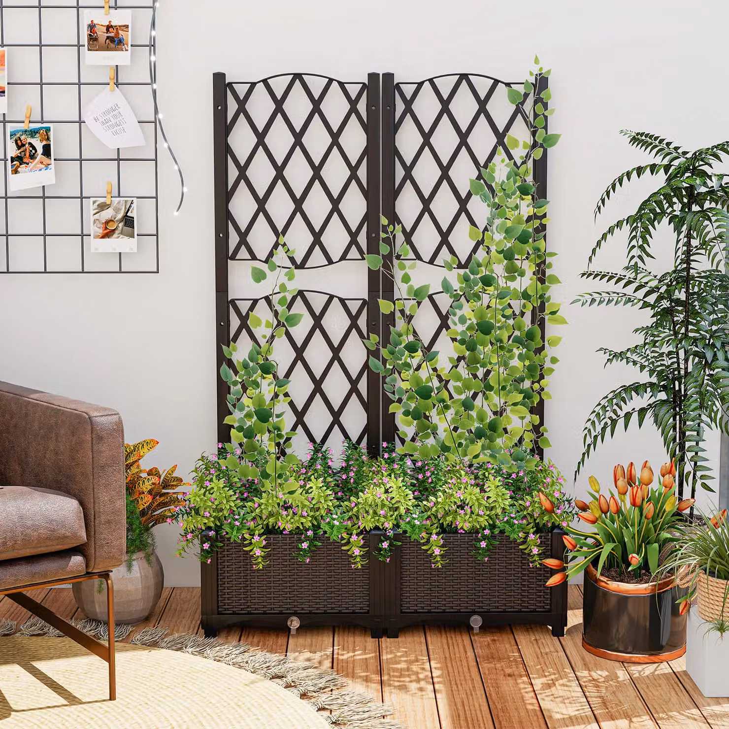 Costway Double Box Raised Garden Bed Planter with Trellis and Drainage Holes, Brown, W: 122 cm, D: 80 cm, H: 40 cm – 3