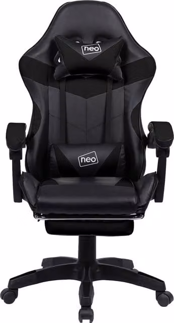 Neo Sporty Gaming Chair with Footrest and Headrest in Black and White Synthetic Leather