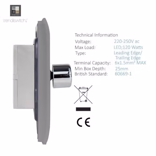 Trendi Switch 4 Gang 1 or 2 Way 150w Rotary LED Dimmer Light Switch in Light Grey – 2