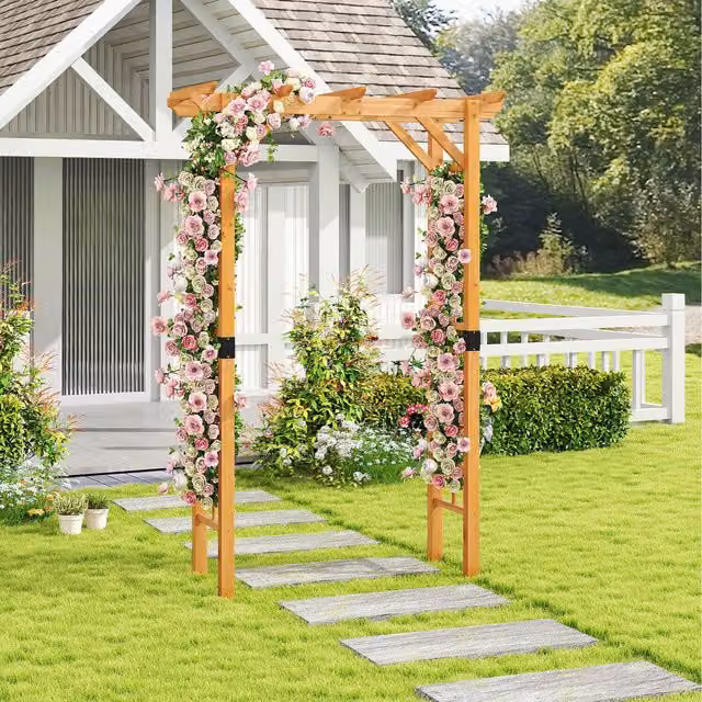 COSTWAY Brown Wooden Outdoor Trellis Garden Arch Support, H 215 x W 140 x D 60 cm