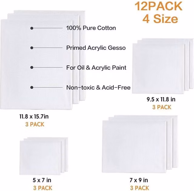 NESTLUNE 12-Pack White Cotton Canvas Boards for Artists