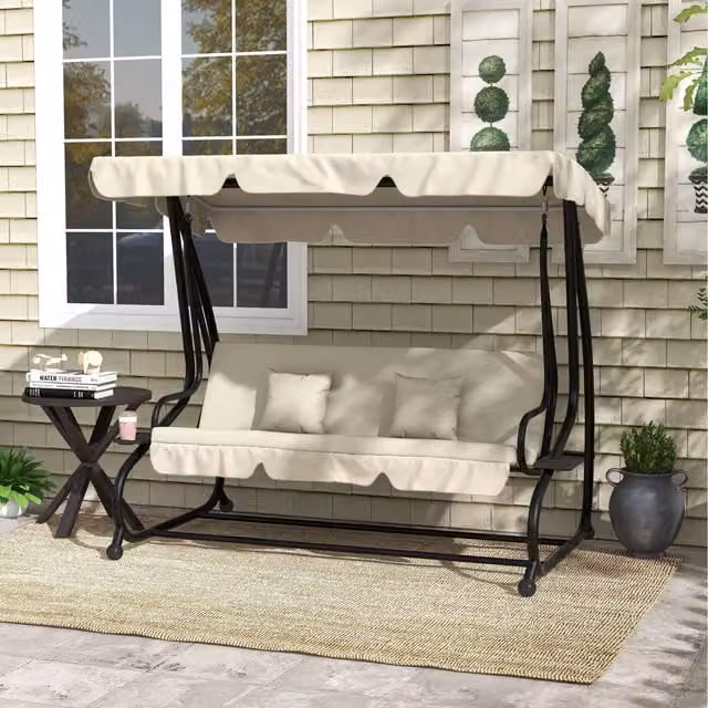 Outsunny 2-in-1 Convertible Patio Swing Chair Bed with Sun Canopy, White
