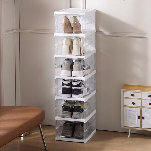 Livingandhome 6-Tier Foldable Shoe Storage Box Organizer in White and Transparent