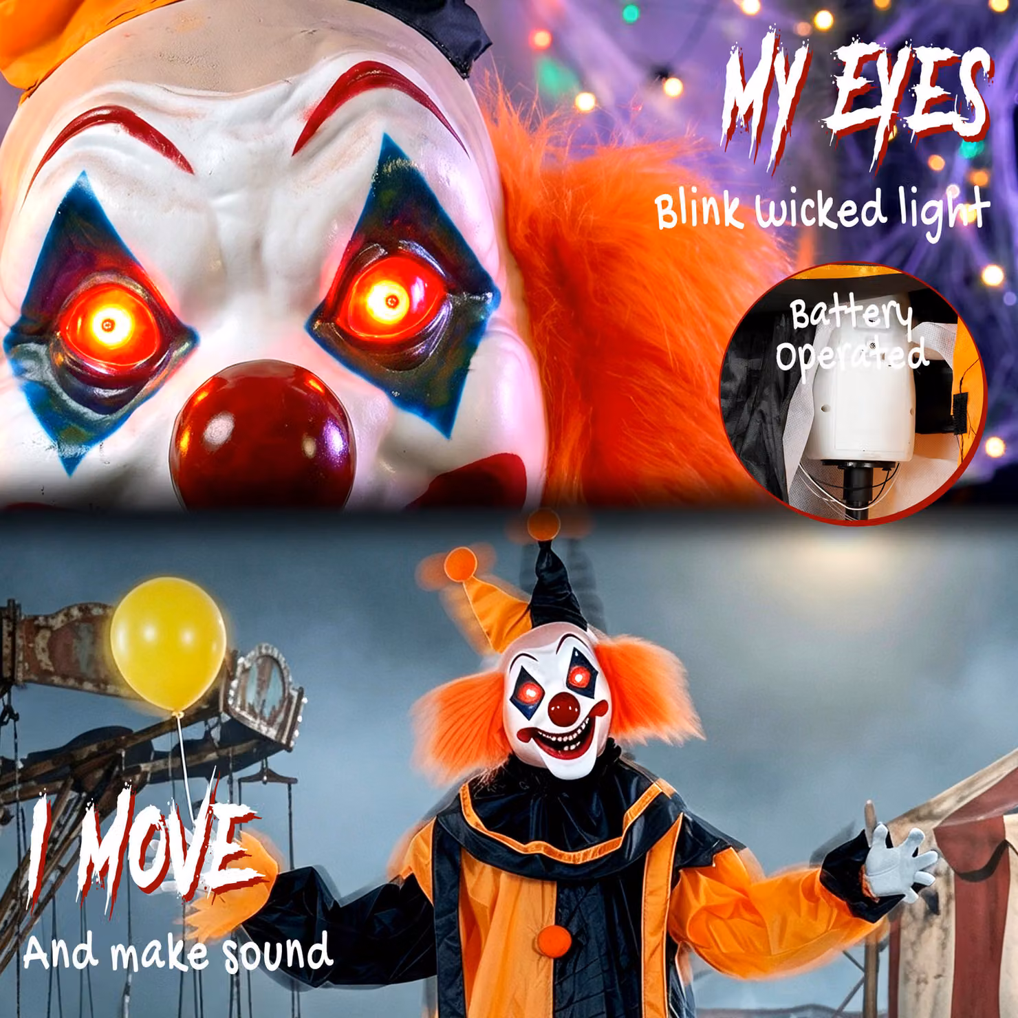HOMCOM 190cm Life Size Animated Clown Halloween Decoration in Orange and Black with Sound and Touch Activation – 4