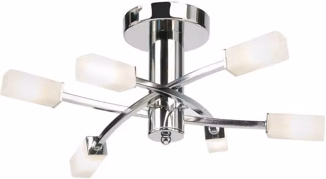 Netlighting Havana 6 Light Semi Flush Multi Arm Ceiling Light in Chrome and Grey with Acid Etched Glass and G9 Base