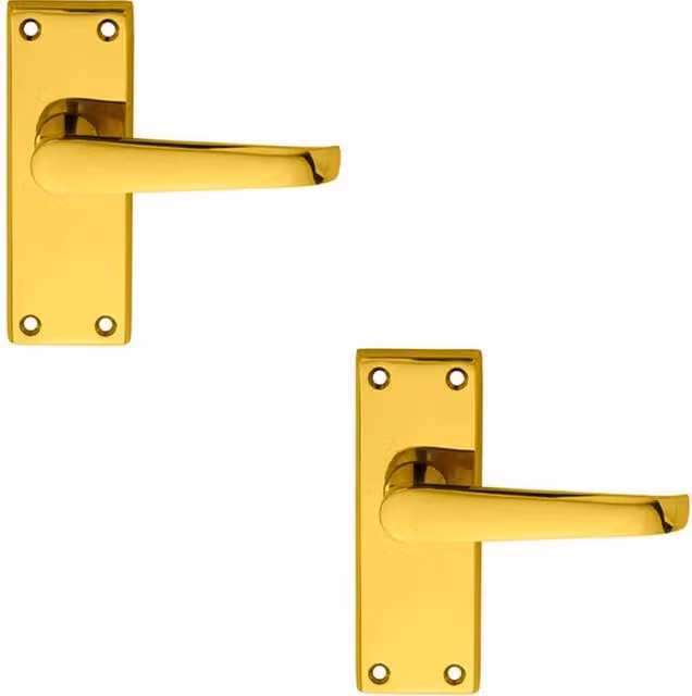 Loops 2x Pair Straight Handle on Short Latch Backplate, Polished Brass, W: 11.8 cm, H: 4.2 cm