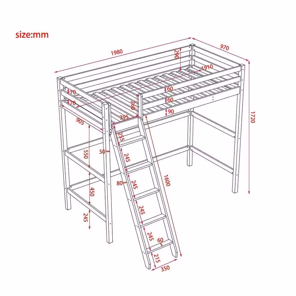 FORGEVIO Solid Wood High Sleeper Bunk Bed for Children in White, W/D/H: 90 x 190 x 172 cm – 2