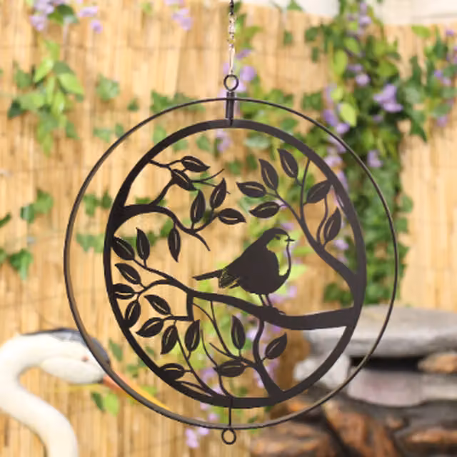 Betley Butterfly Metal Robin in Tree Hanging Silhouette Orbit Spinner in Black and Bronze