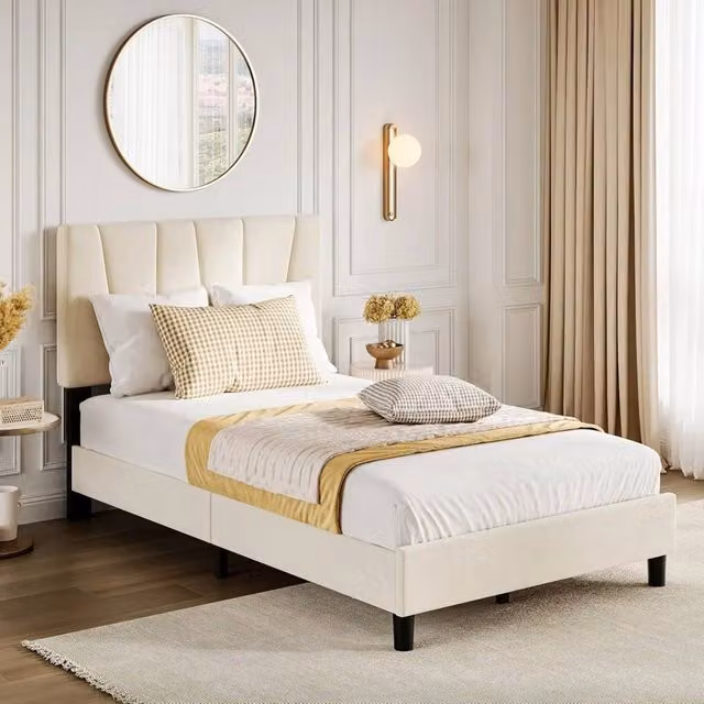 VOGREX Full Size Modern Linen Upholstered Platform Bed Frame in Beige – 1
