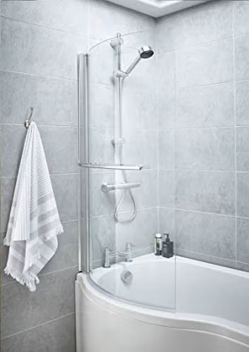 nuie NCSR1 Pacific Modern Curved P-Shaped Bath Screen with Rail, 6mm Clear Glass, W: 143.5 cm, H: 72 cm, Polished Chrome – 2