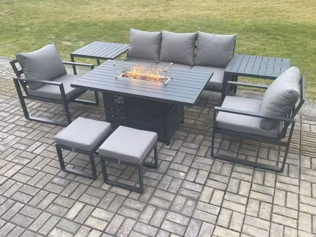 Fimous Dark Grey Aluminium Outdoor Lounge Sofa Set with Gas Fire Pit Dining Table, 2 Side Tables and 2 Footstools