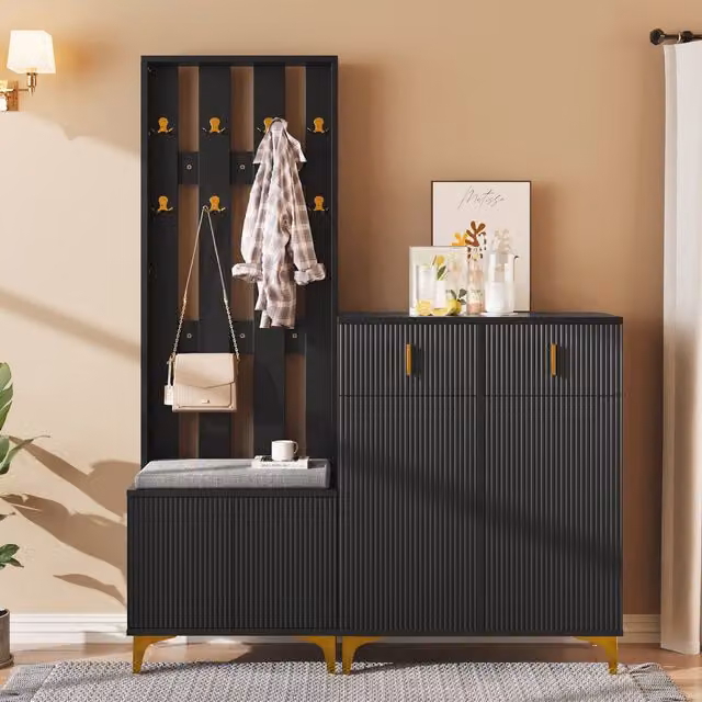 Aosom UK Modern Wardrobe, Drawers and Shoe Bench Set with Cushion in Black and Gold