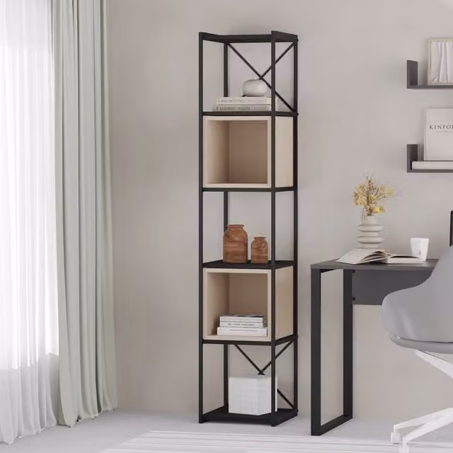 Decortie Vale Mini 5-Tier Bookcase with Adjustable Shelves in Black Wood and Sandstone