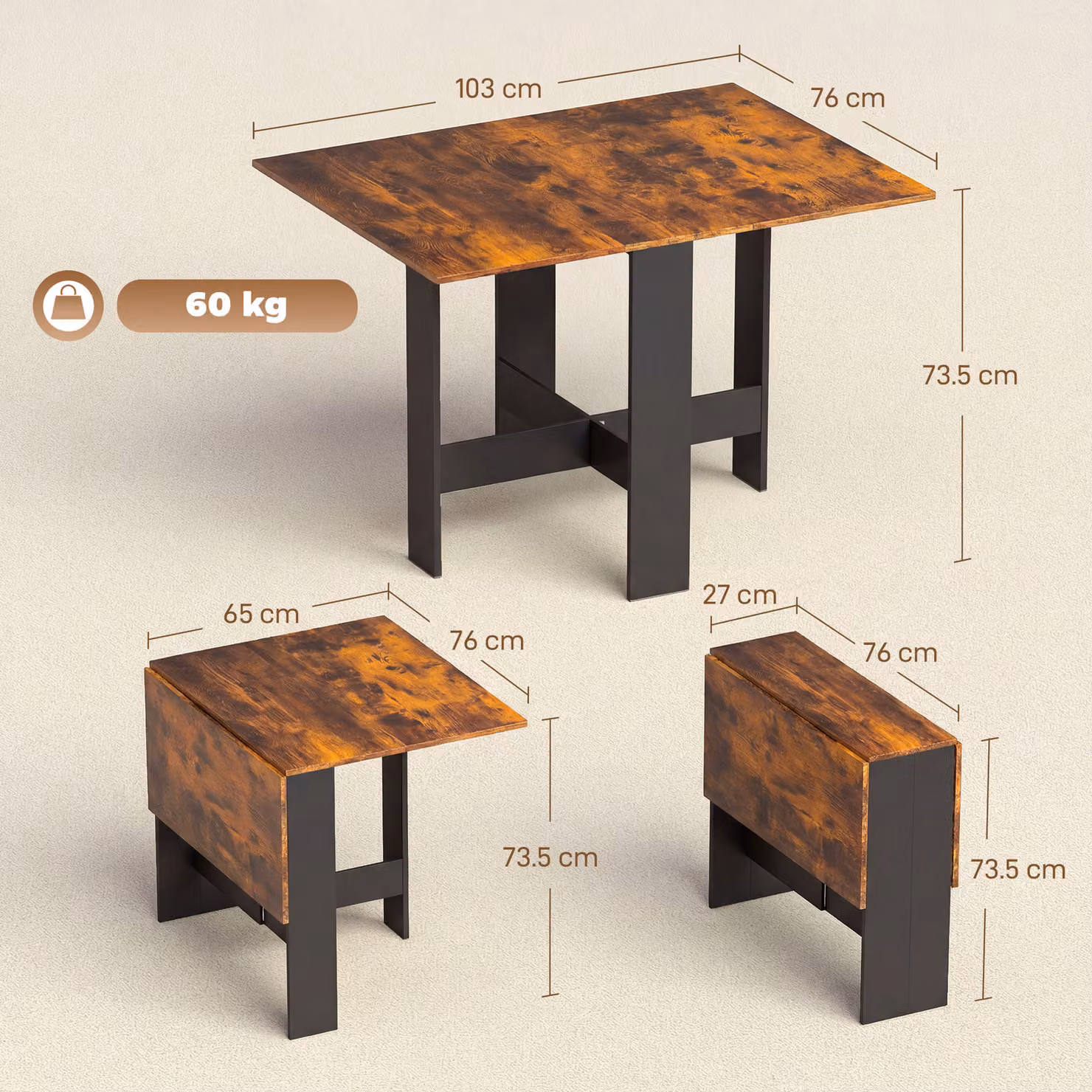 HOMCOM Folding Butterfly Leaf Dining Table in Brown and Black with Scandinavian Design – 3