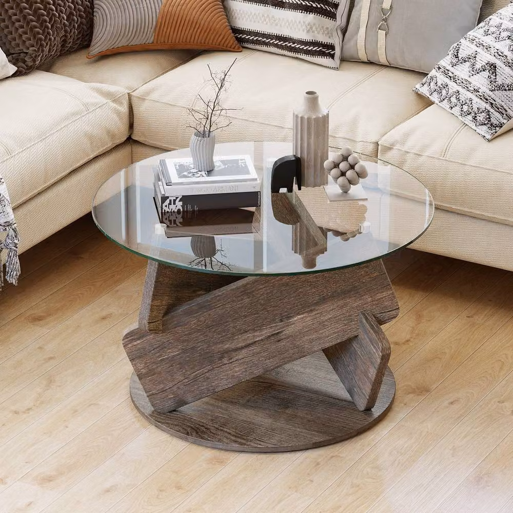 Gymax Round Rustic Glass and Rubberwood Coffee Table in Grey – 3