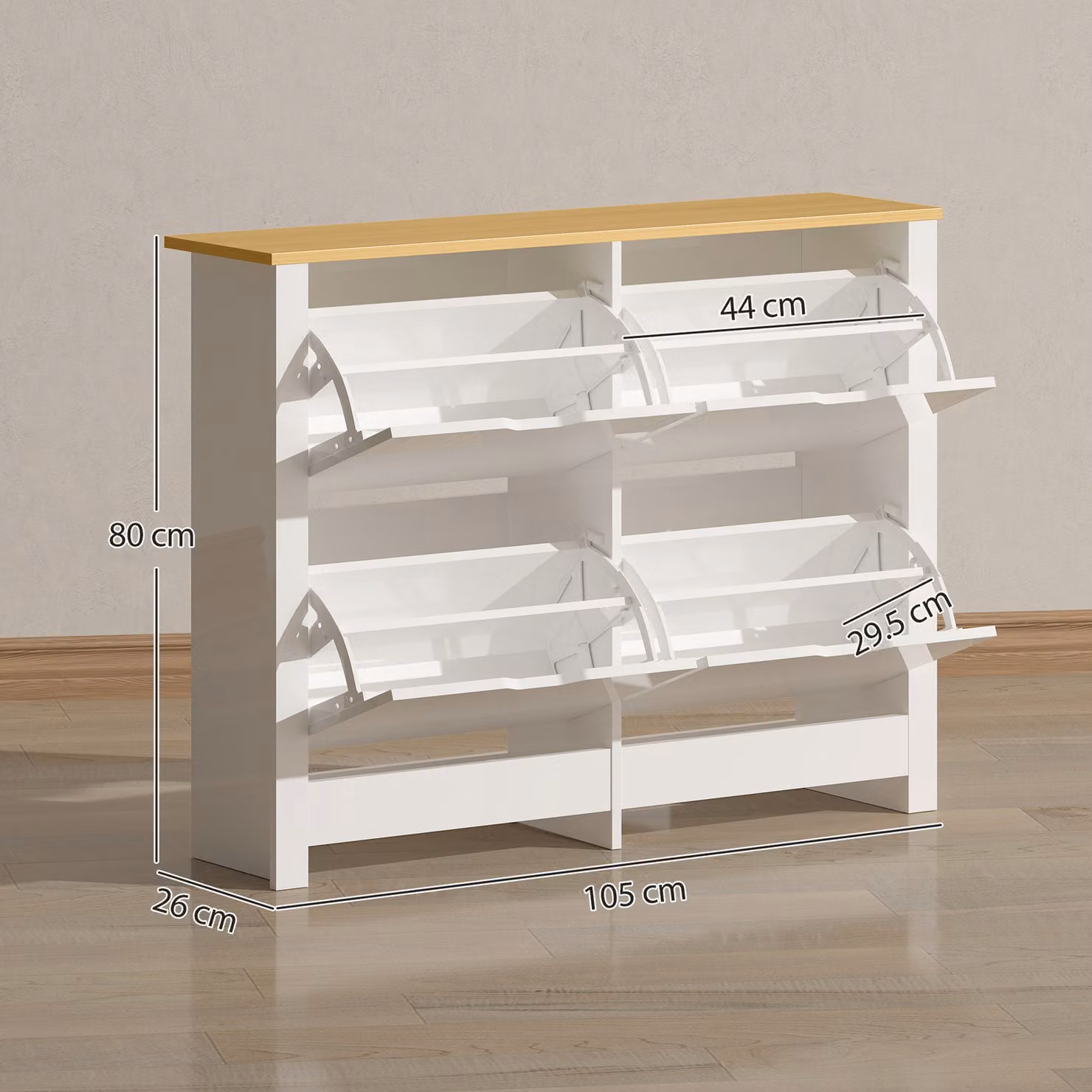 HOMCOM Slim White Shoe Cabinet with 4 Tilting Compartments and Adjustable Internal Shelves for 16 Pairs of Shoes, H: 105 cm, W: 80 cm, D: 26 cm – 2