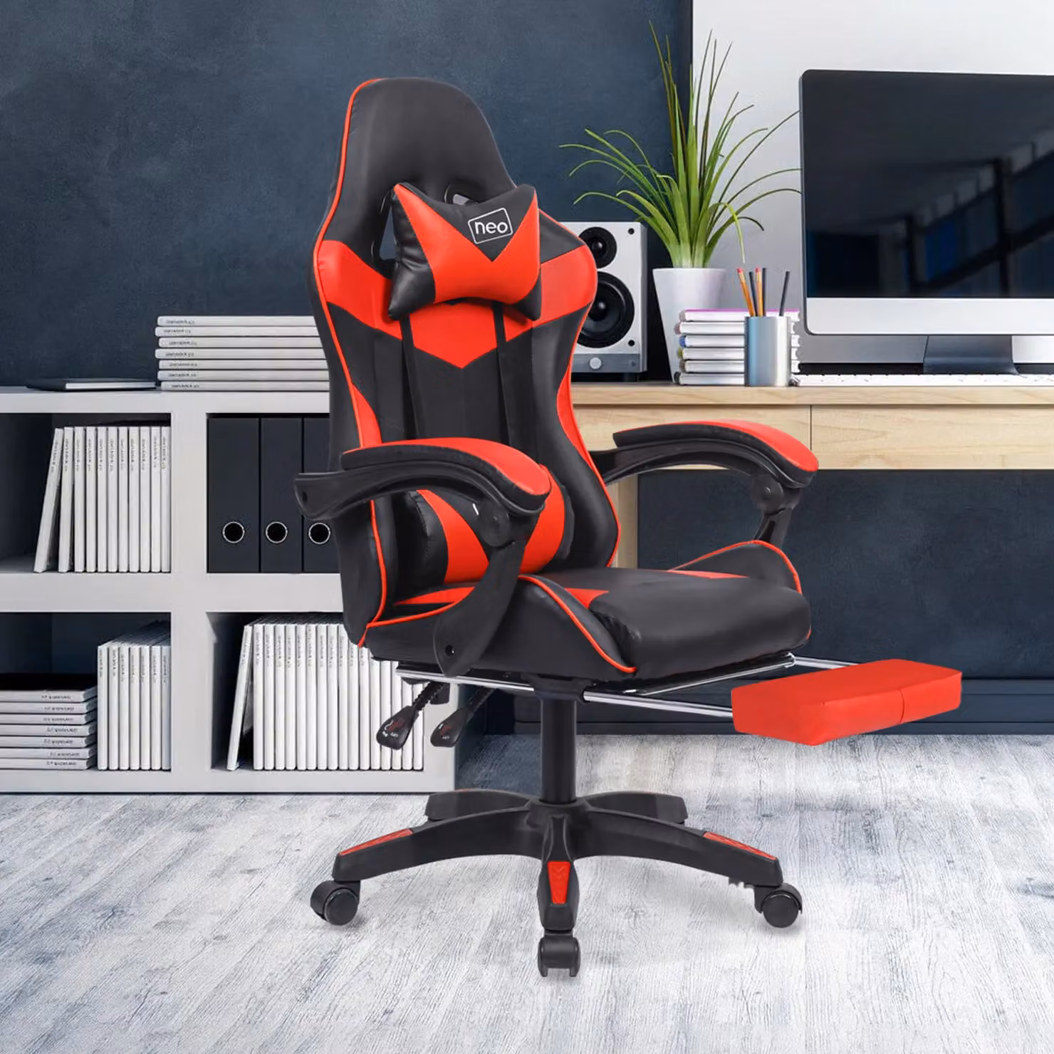 Neo Red Synthetic Leather Gaming Chair with Footrest and Headrest – 5