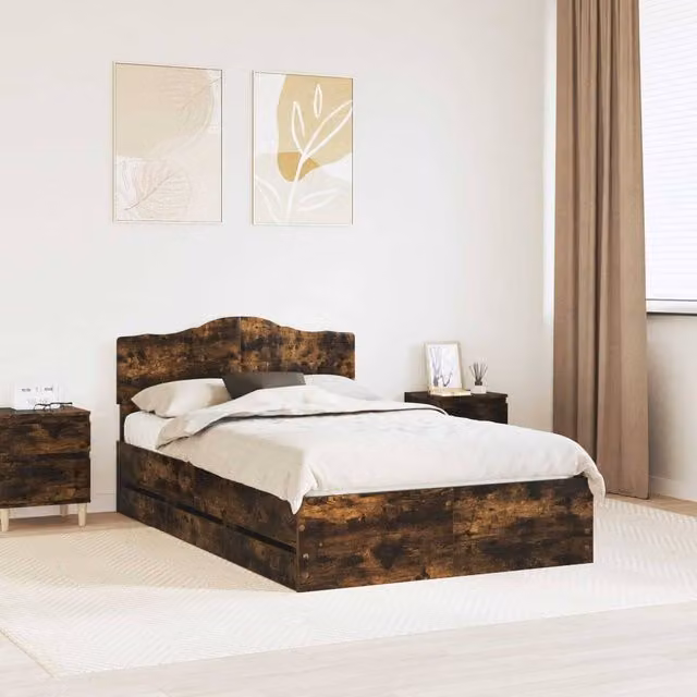 Berkfield Home Modern Bed Frame with Drawers in Smoked Oak Brown, W/D/H: 135 x 190 cm – 1