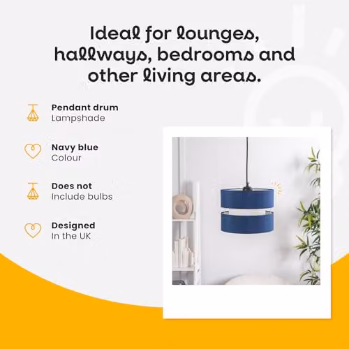 ValueLights Sophia Small Drum Fabric Ceiling Pendant Light Shade in Blue and Grey, Width: 26 cm – 7