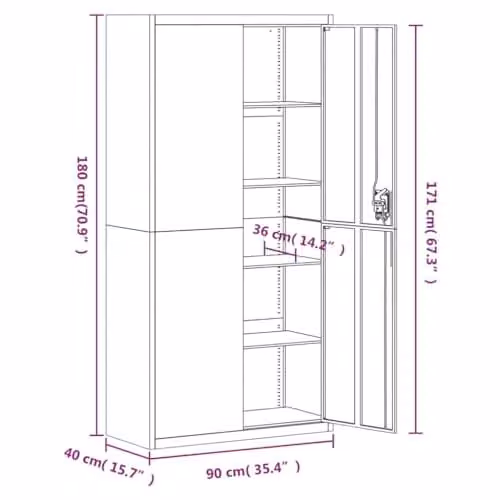 vidaXL White Lacquered Metal File Cabinet with Lock and Adjustable Shelves, W/D/H: 90 x 40 x 180 cm