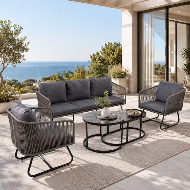 Aosom.UK Grey Outdoor Garden Lounge Set with Upholstered Cushions and Glass Coffee Table