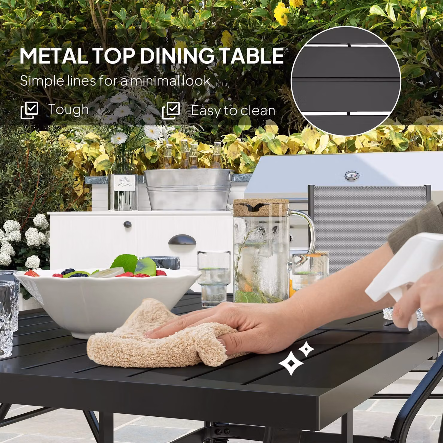 Outsunny 7 Piece Grey Garden Dining Set with Metal Top Table and Armchairs – 6