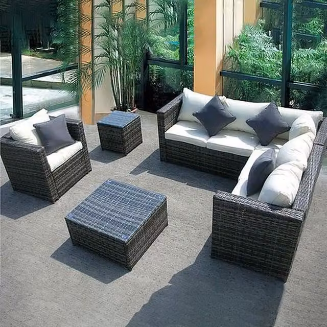 UK Leisure World Modern Grey Rattan Garden Conservatory Corner Sofa Set with Glass Table