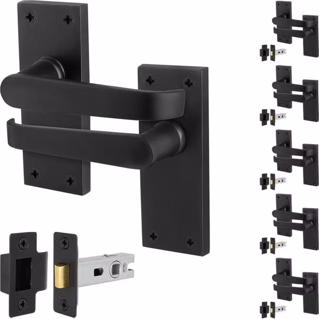 AFIT Matt Black Long Backplate Door Handle Set with Latch, 6 Pairs, W/D/H: 15.0 x 15.0 cm – 1
