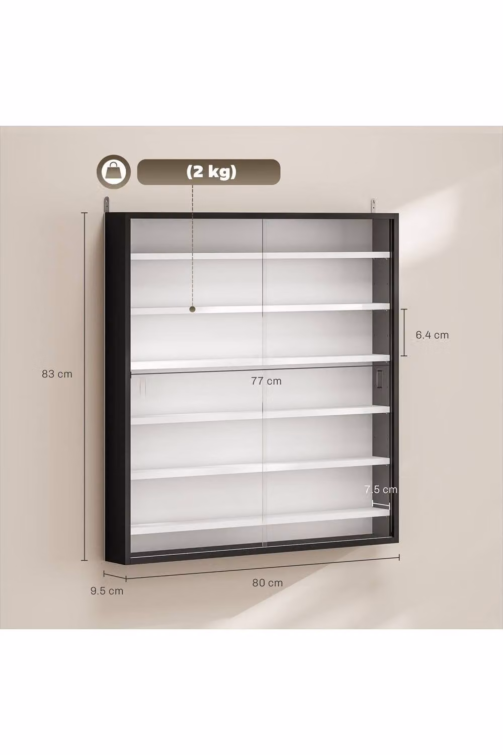ERGOVEXA Modern Black Wall Mounted Display Cabinet with Glass Doors and Internal Shelves – 2