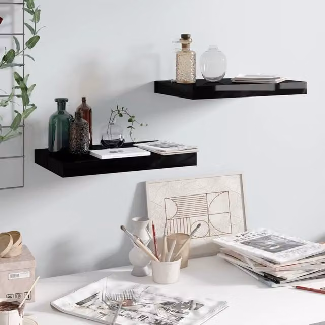Berkfield Home Set of 2 High Gloss Black Floating Wall Shelves, W/D/H: 40 x 23 x 3.8 cm