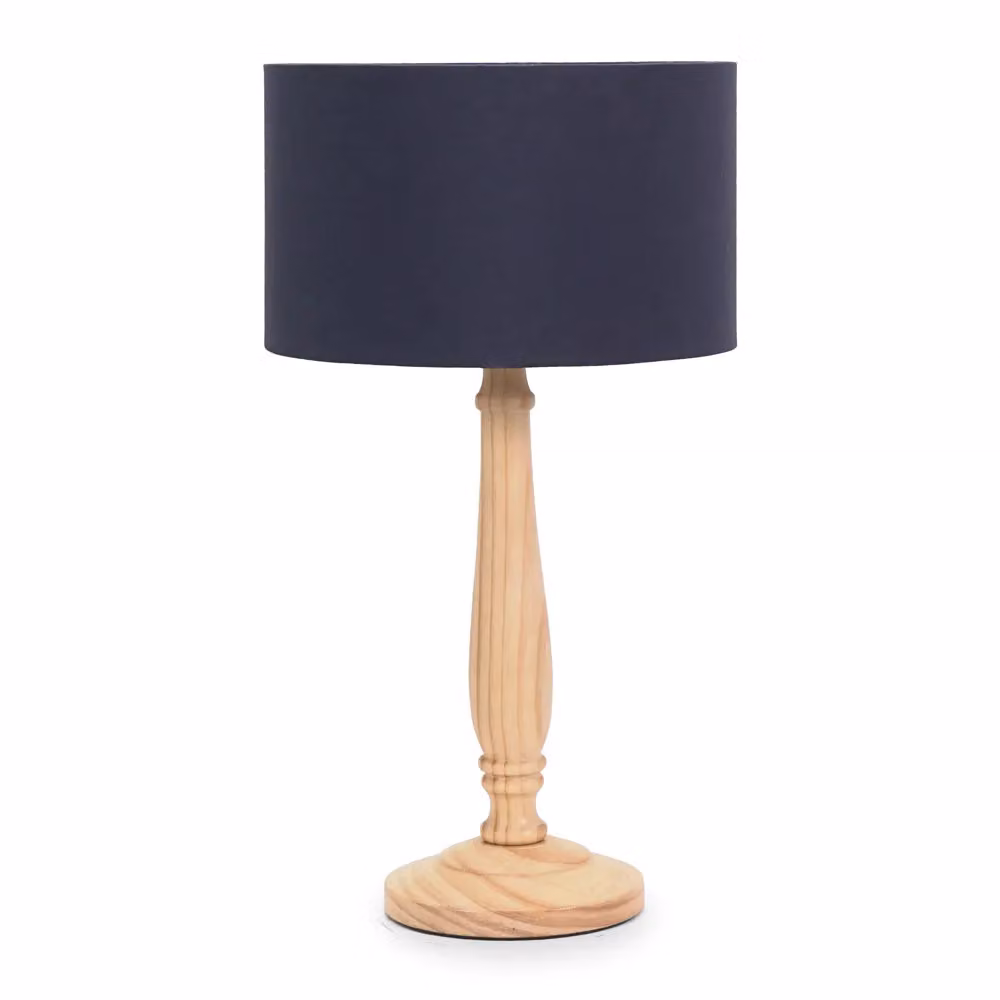 ValueLights Victoria Traditional Wood Stem Table Lamp with Navy Blue Fabric Drum Shade – 2