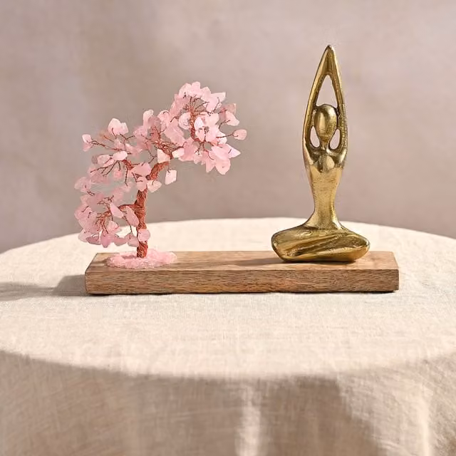 Serenity Rose Quartz Gemstone Tree Yoga Ornament in Pink, Gold and Multicolour