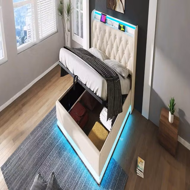 Rolipo White PU Double Ottoman Bed Frame with LED Lighting and USB Charging Ports, W/D/H: 140 x 200 x 137 cm – 1
