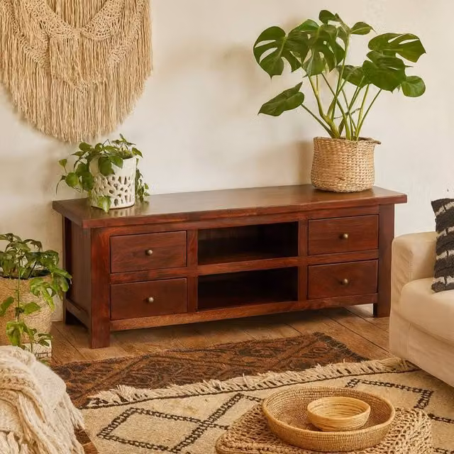 Wyld Haus Oxford Mahogany Mango Wood TV Unit with 4 Drawers and 2 Shelves in Brown