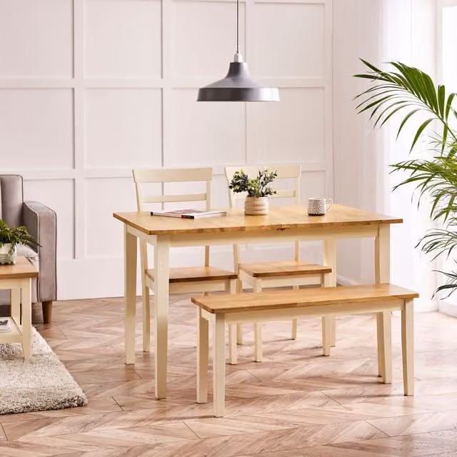FurnitureboxUK Salcombe Extending Wooden Dining Table Set with 2 Whitby Chairs and 1 Small Bench in Cream