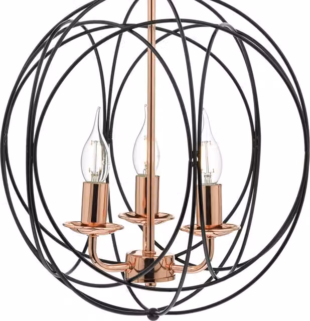 Dar PHO0322 Industrial Suspended Sphere Pendant Light in Black and Copper, Height Adjustable and Dimmable