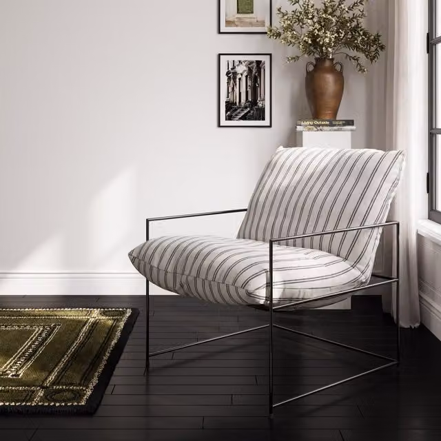 LPD Home Brook Chair in White and Black Chalk Stripe with Upholstered Frame and Metal Legs