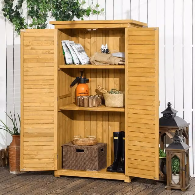 OUTSUNNY Lacquered Wooden Garden Storage Shed with 3 Shelves and Lock, Natural/Brown, W/D/H: 79.0 x 39.5 x 39.5 cm