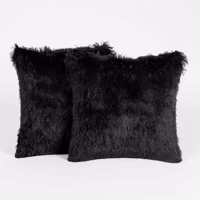 Sienna Pack of 2 Black Plush Coral Fleece Square Cushion Covers, 45 cm