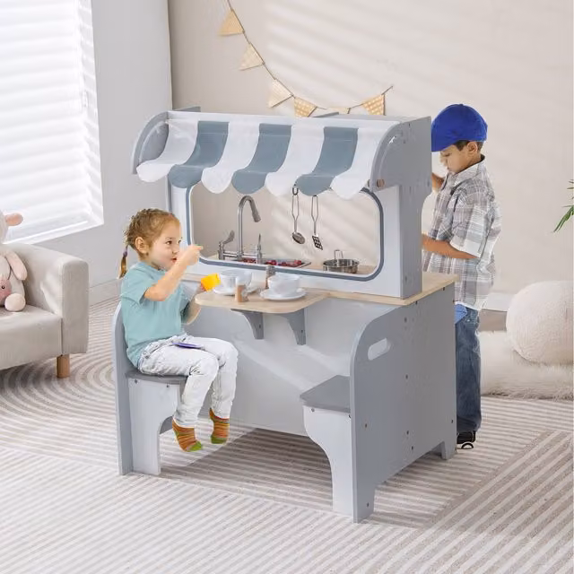Costway 2-in-1 Kids Wooden Play Kitchen in Grey