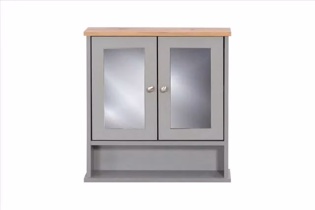 SPETLEK Mirrored Bathroom Wall Cupboard with 2 Hinged Doors in Grey and Oak
