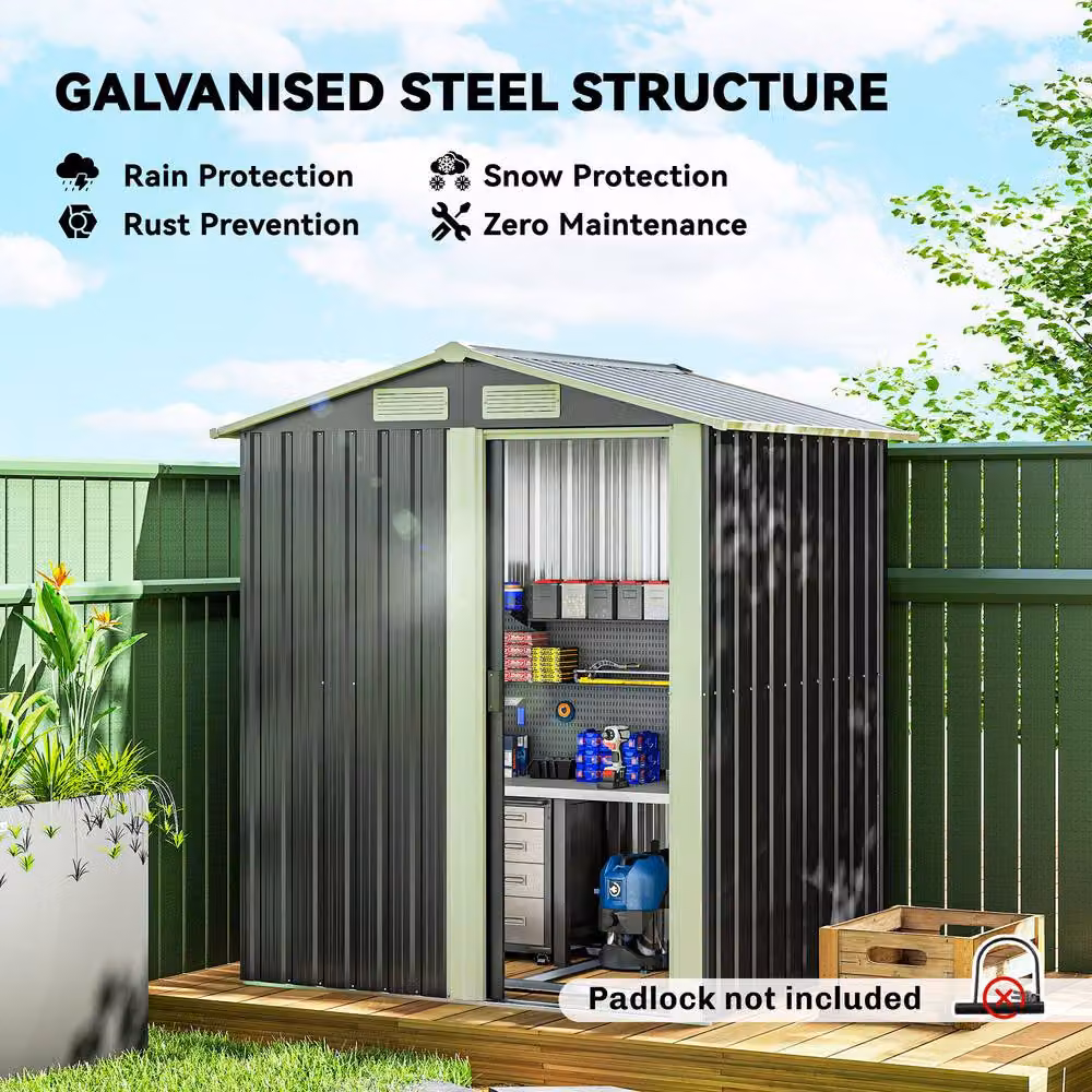 Rolipo Metal Garden Shed with Sliding Door and Foundation, Dark Grey, W: 152 cm, D: 132 cm, H: 188 cm – 4