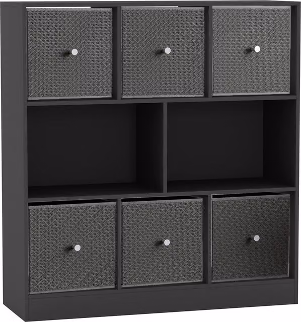 URBNLIVING 8 Cube Black Bookcase with 6 Dark Grey Fabric Storage Drawers