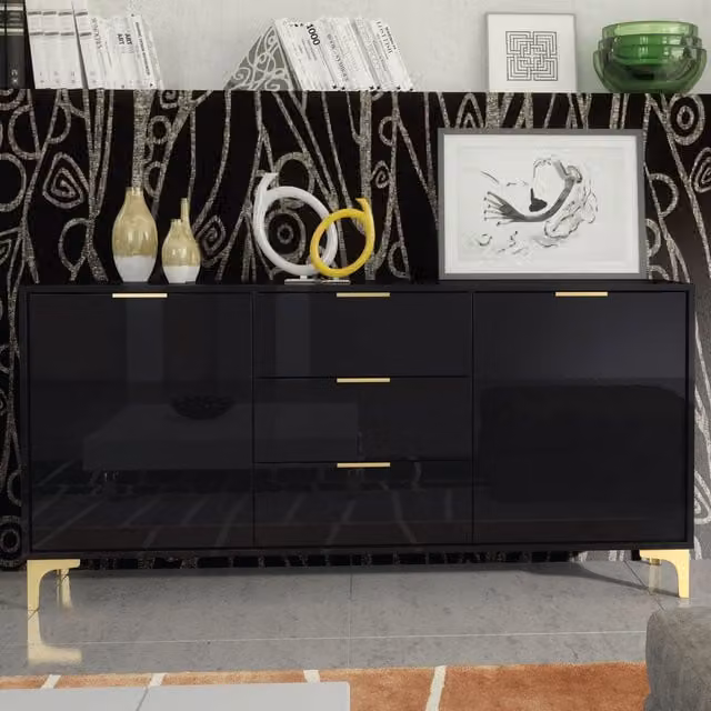 Mex Furniture LTD Lux High Gloss Sideboard in Black and Gold, W: 140 cm, H: 80 cm, D: 35 cm – 1