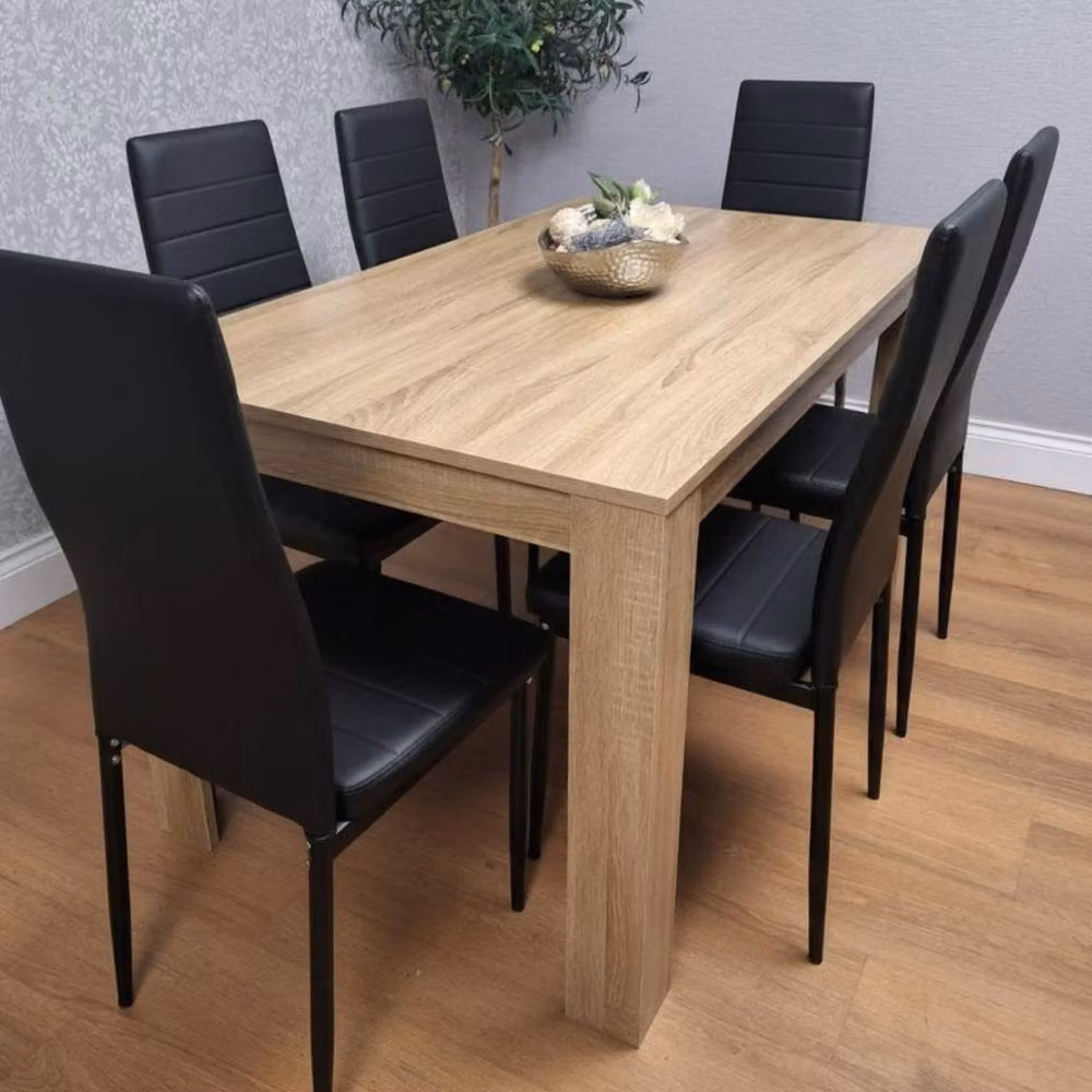 KOSY KOALA Modern Oak Effect Dining Table Set with 6 Black Faux Leather Chairs in Brown, W/D/H: 160 x 77 x 75 cm – 2