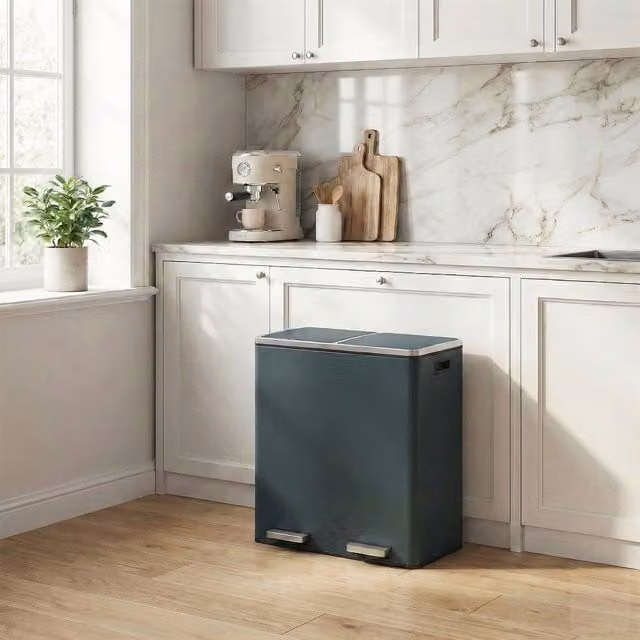 SONGMICS Double Pedal Kitchen Bin with 2 x 30L Waste and Recycling Compartments, Green and Black