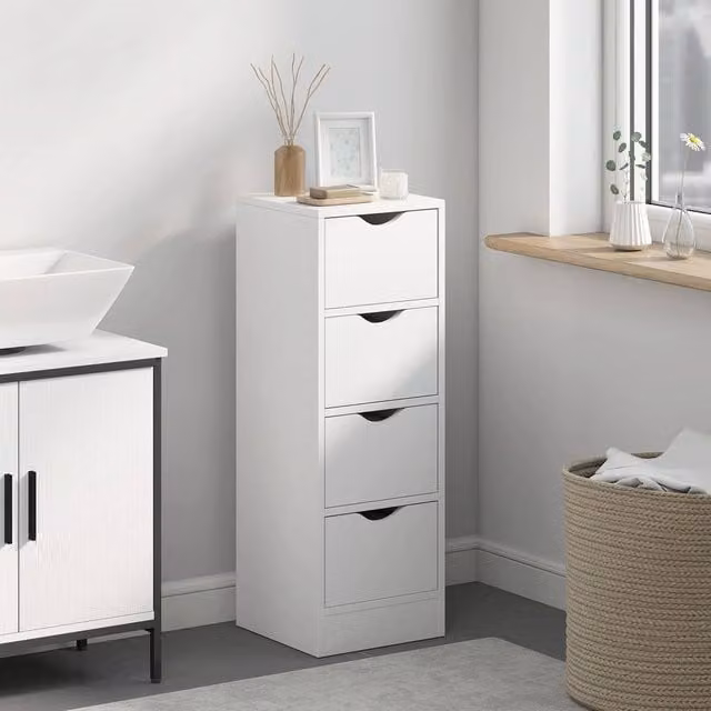 FORGEVIO Modern Narrow Freestanding Bathroom Cabinet with 4 Drawers, White